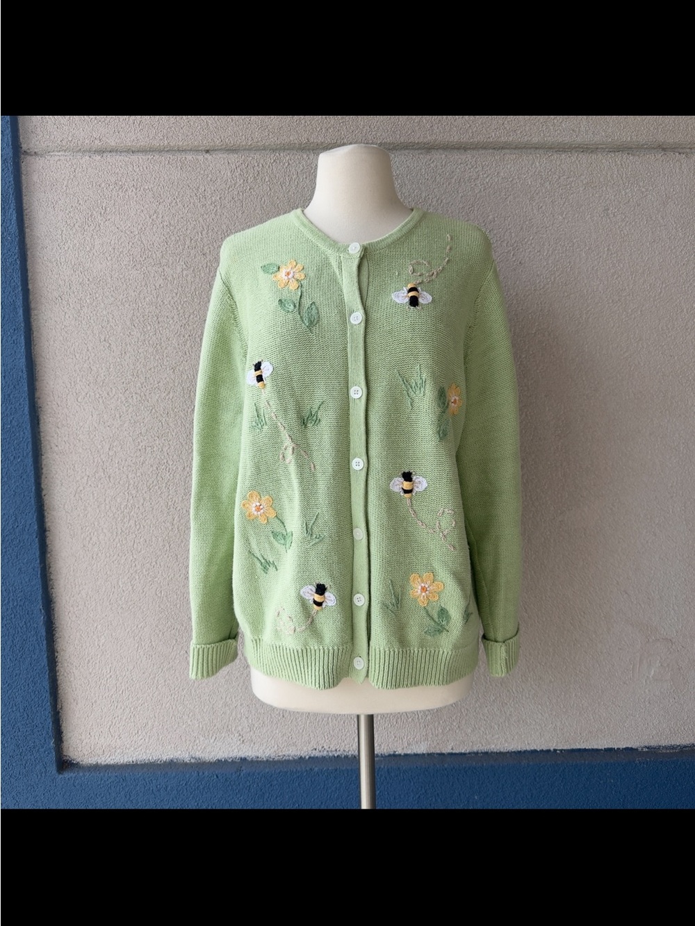 Vintage Green Knit Cardigan with Bees & Flowers